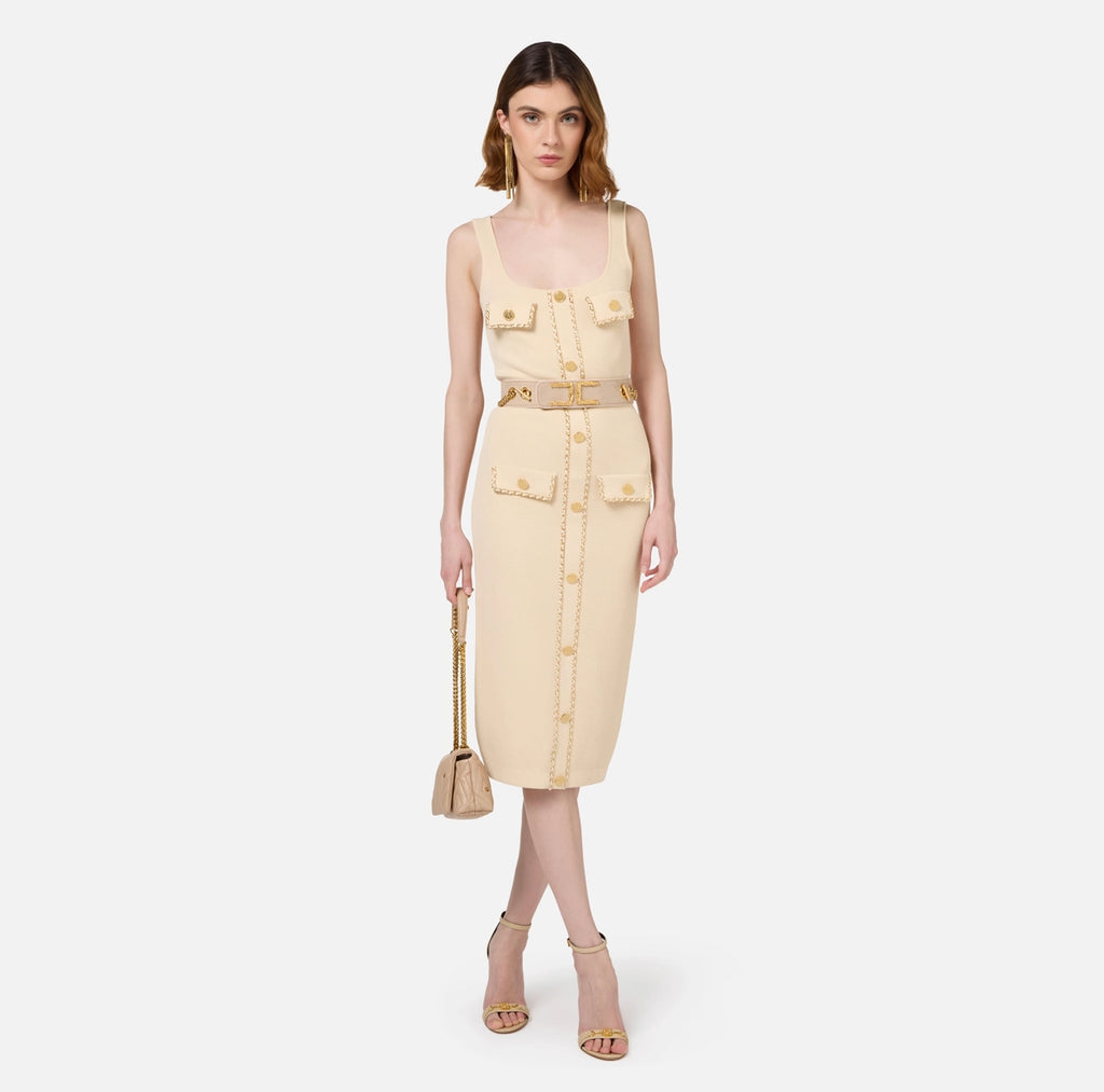 Cream knit midi dress with chain trimming