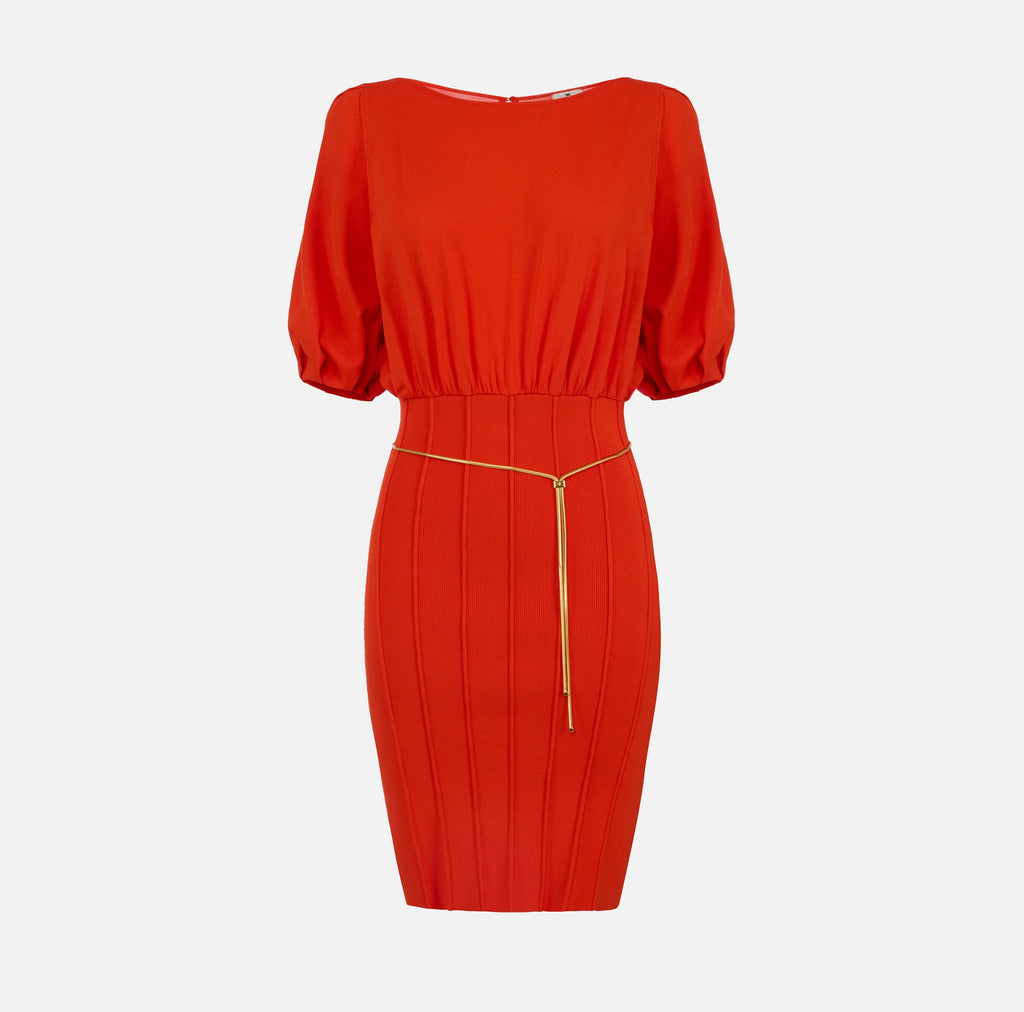 Red knit short dress with gold belt