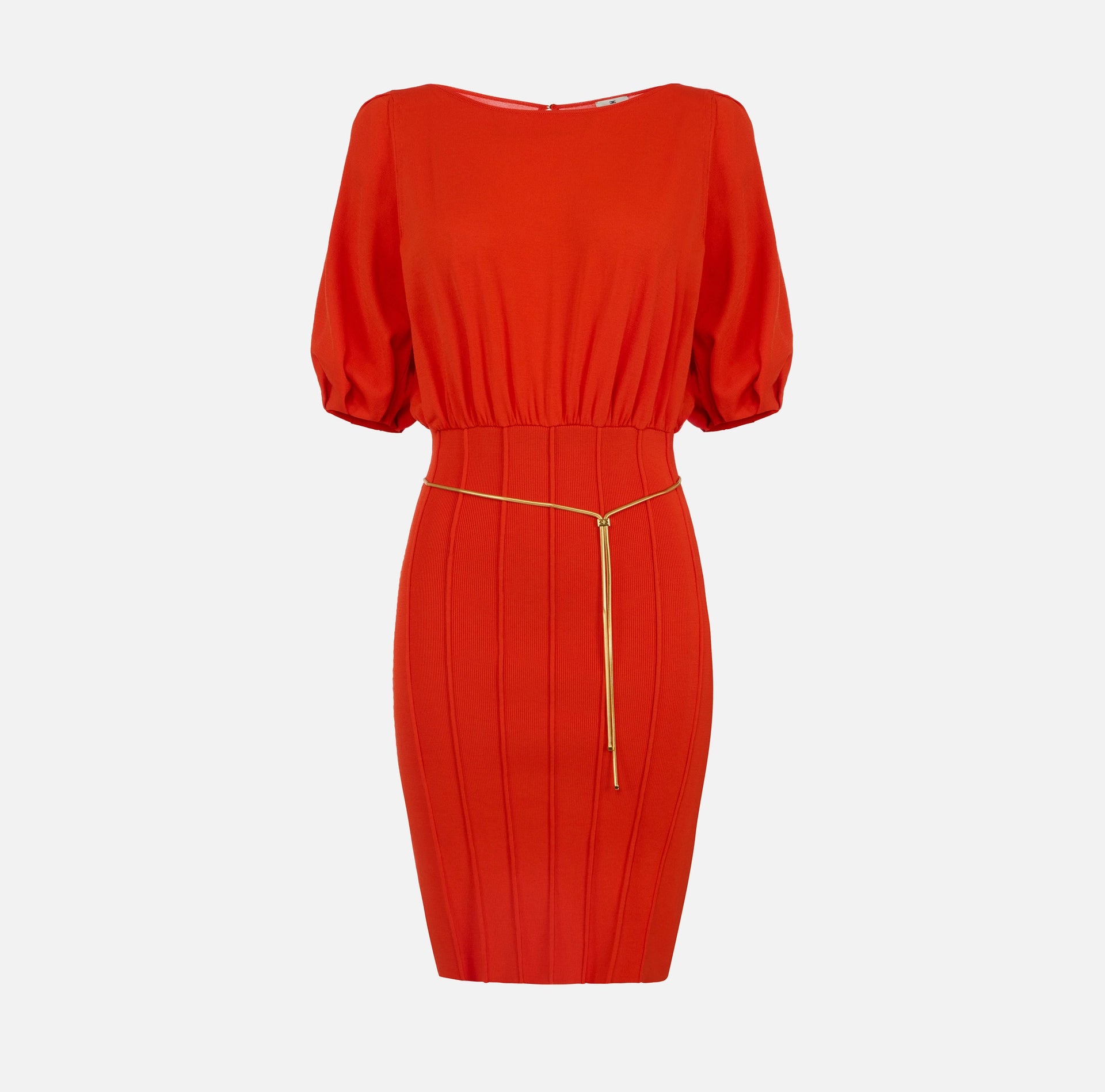 Red knit short dress with gold belt