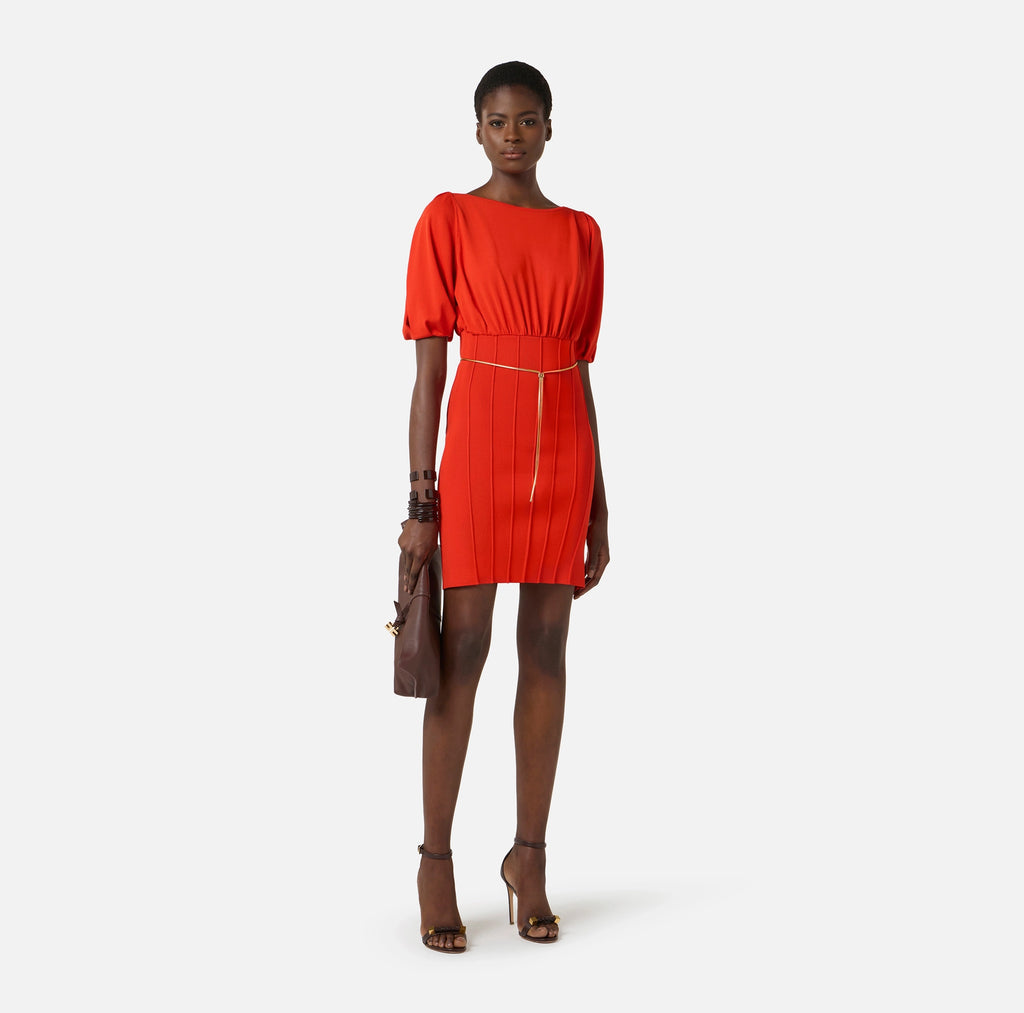 Red knit short dress with gold belt