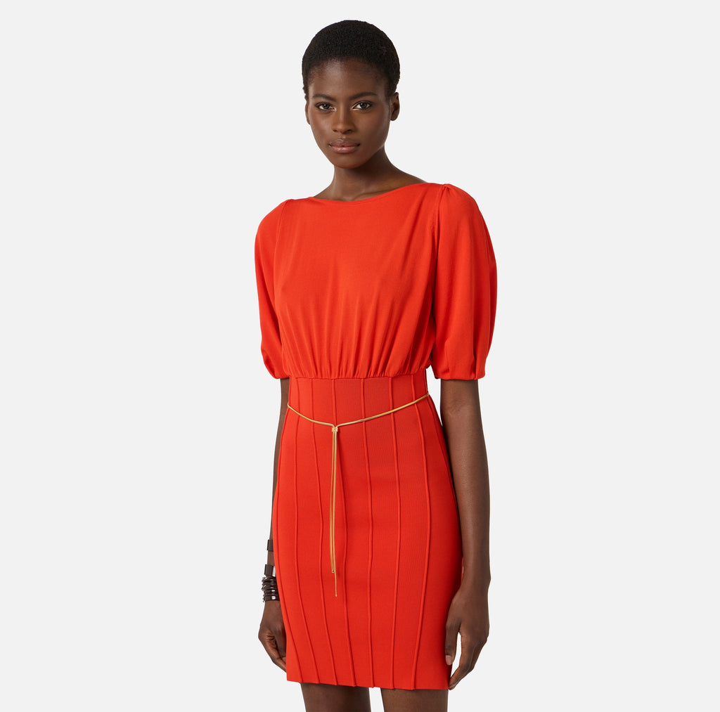 Red knit short dress with gold belt