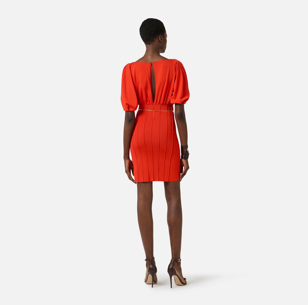 Red knit short dress with gold belt