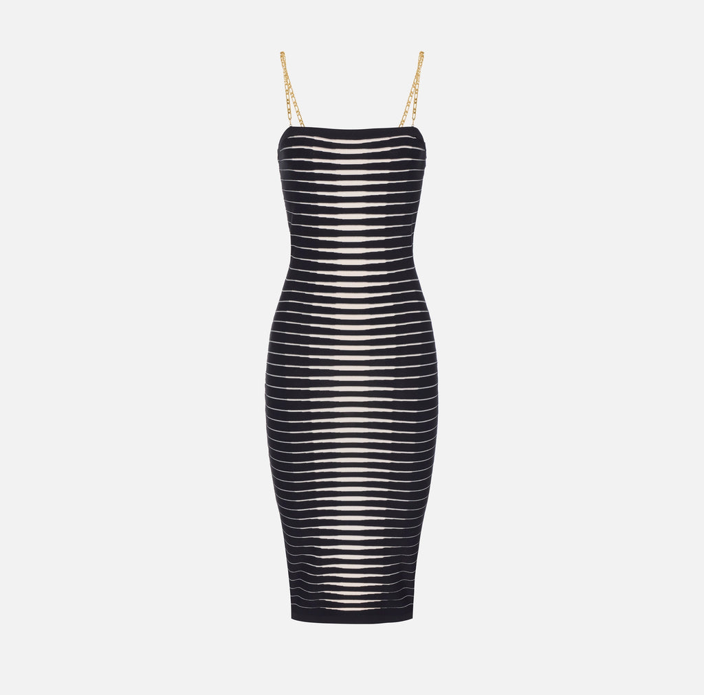 Ivory black knit pencil dress with chain straps
