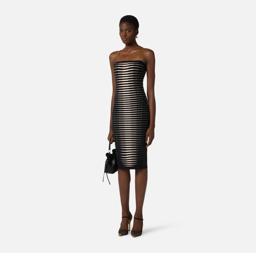 Ivory black knit pencil dress with chain straps