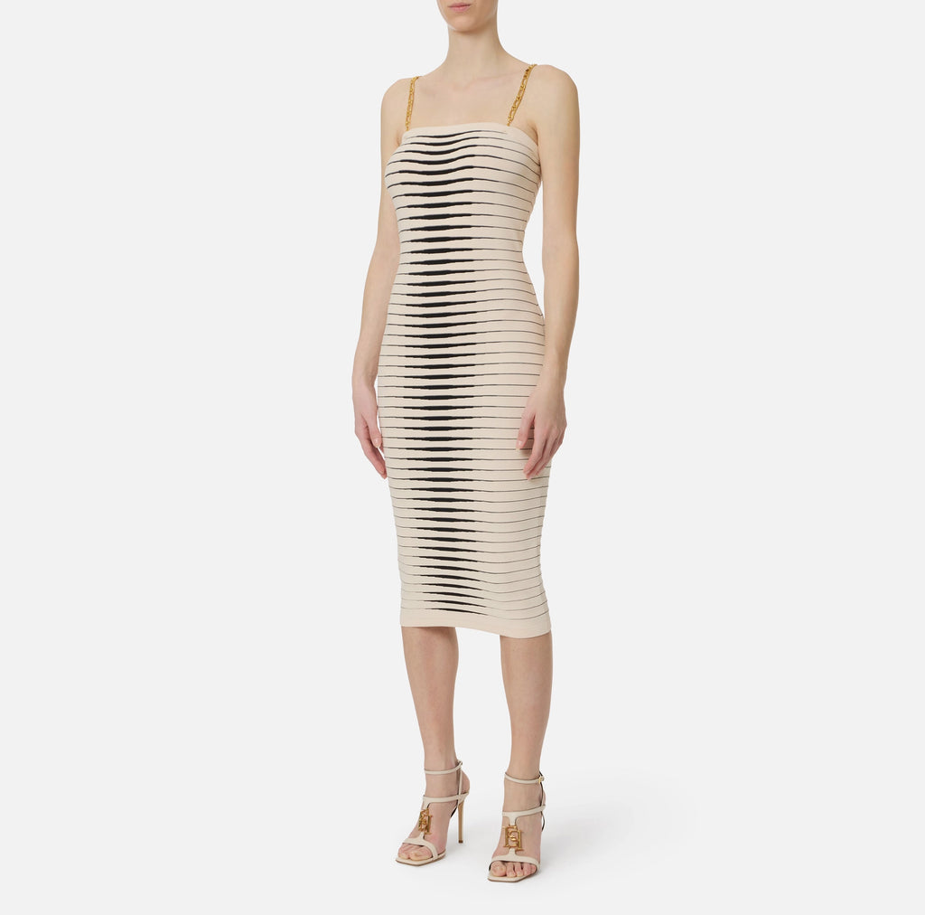 Ivory black knit pencil dress with chain straps