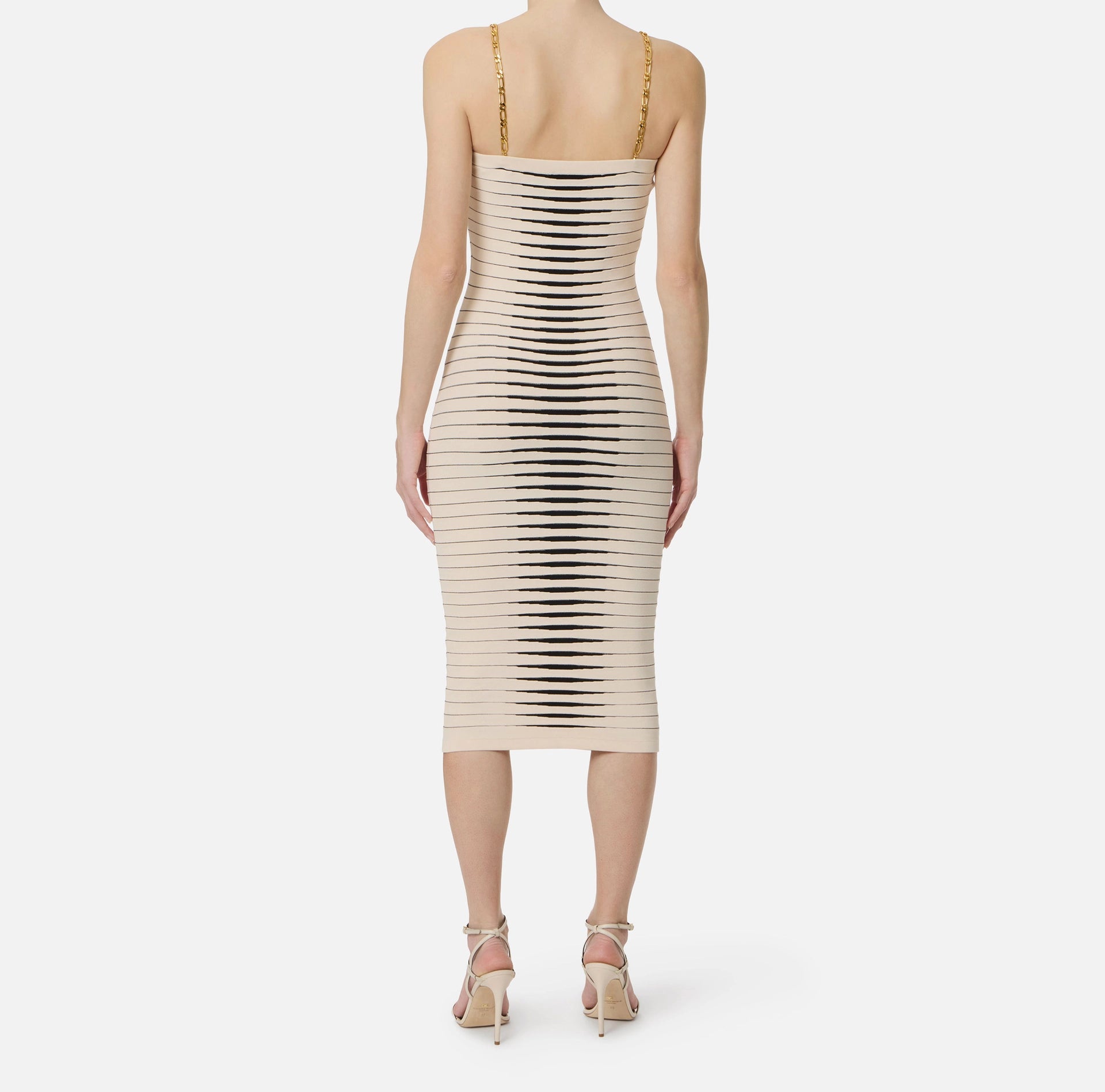 Ivory black knit pencil dress with chain straps