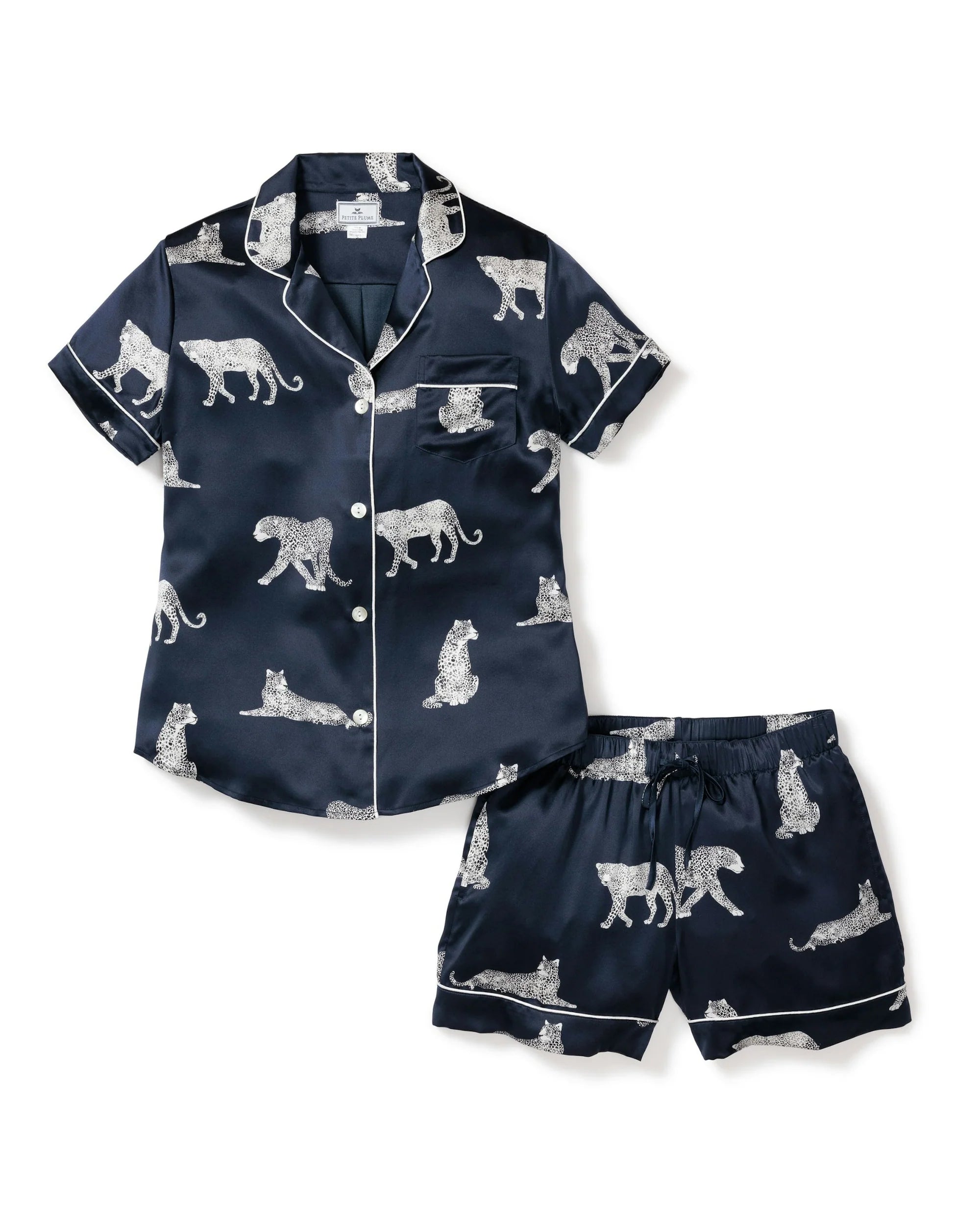 Navy silk short pajama set in Panthere de Nuit