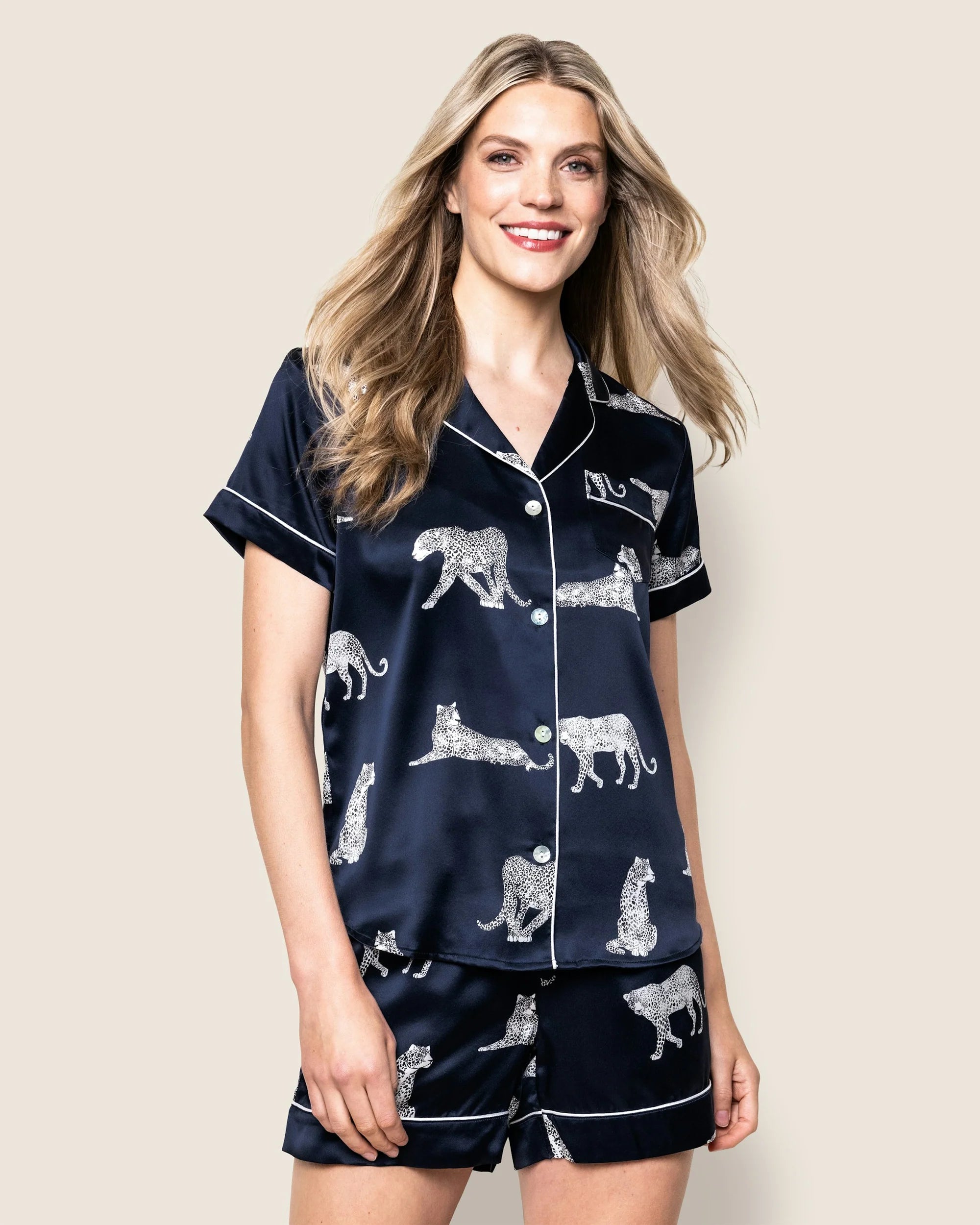 Navy silk short pajama set in Panthere de Nuit