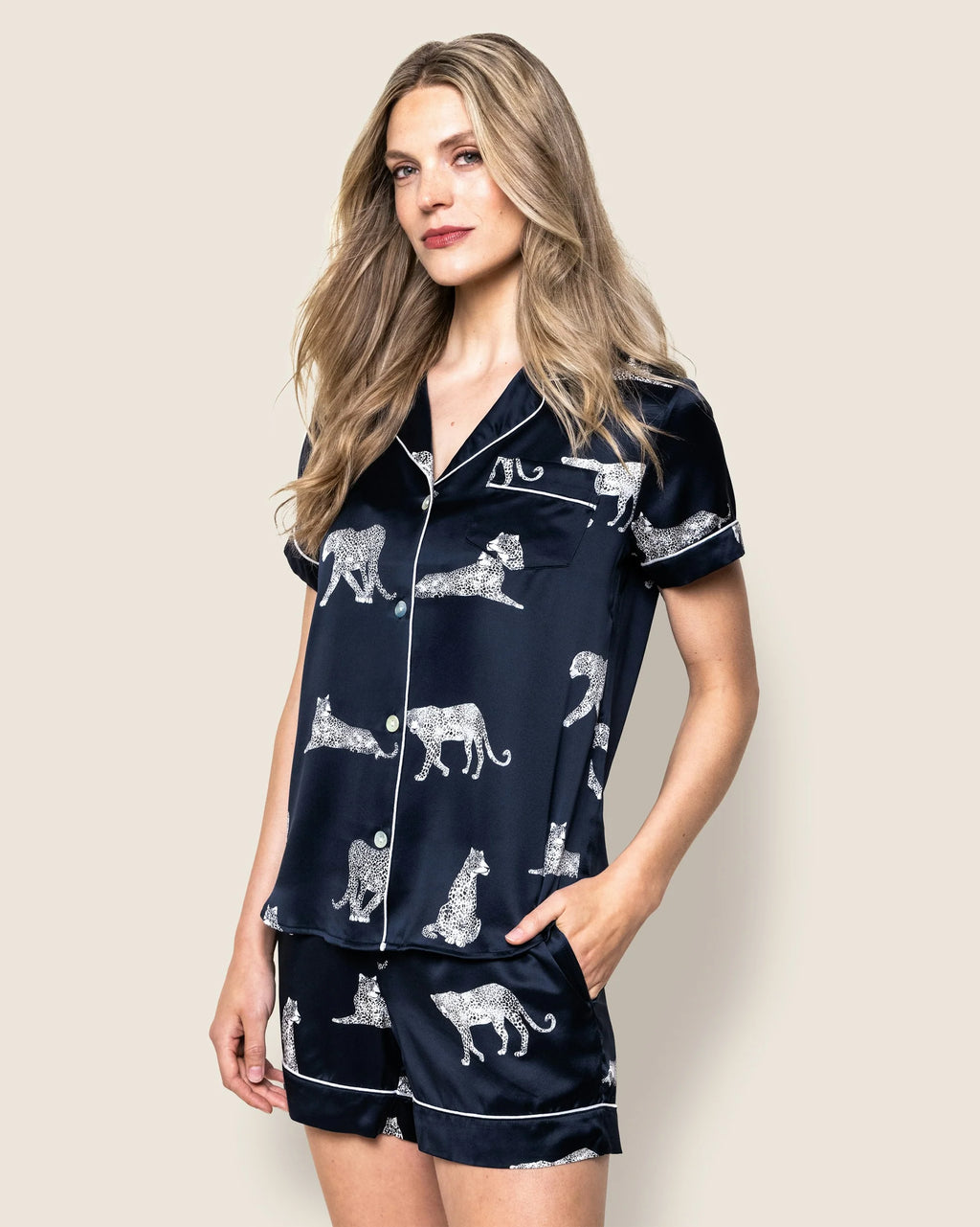 Navy silk short pajama set in Panthere de Nuit