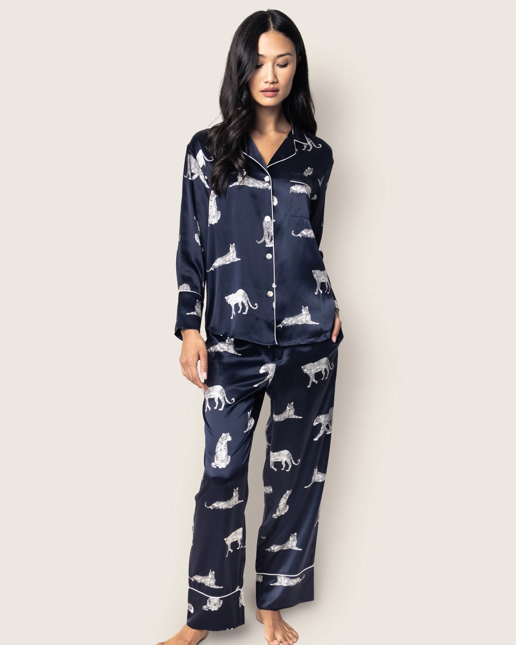 Navy silk long pajama set in Panthere de Nuit