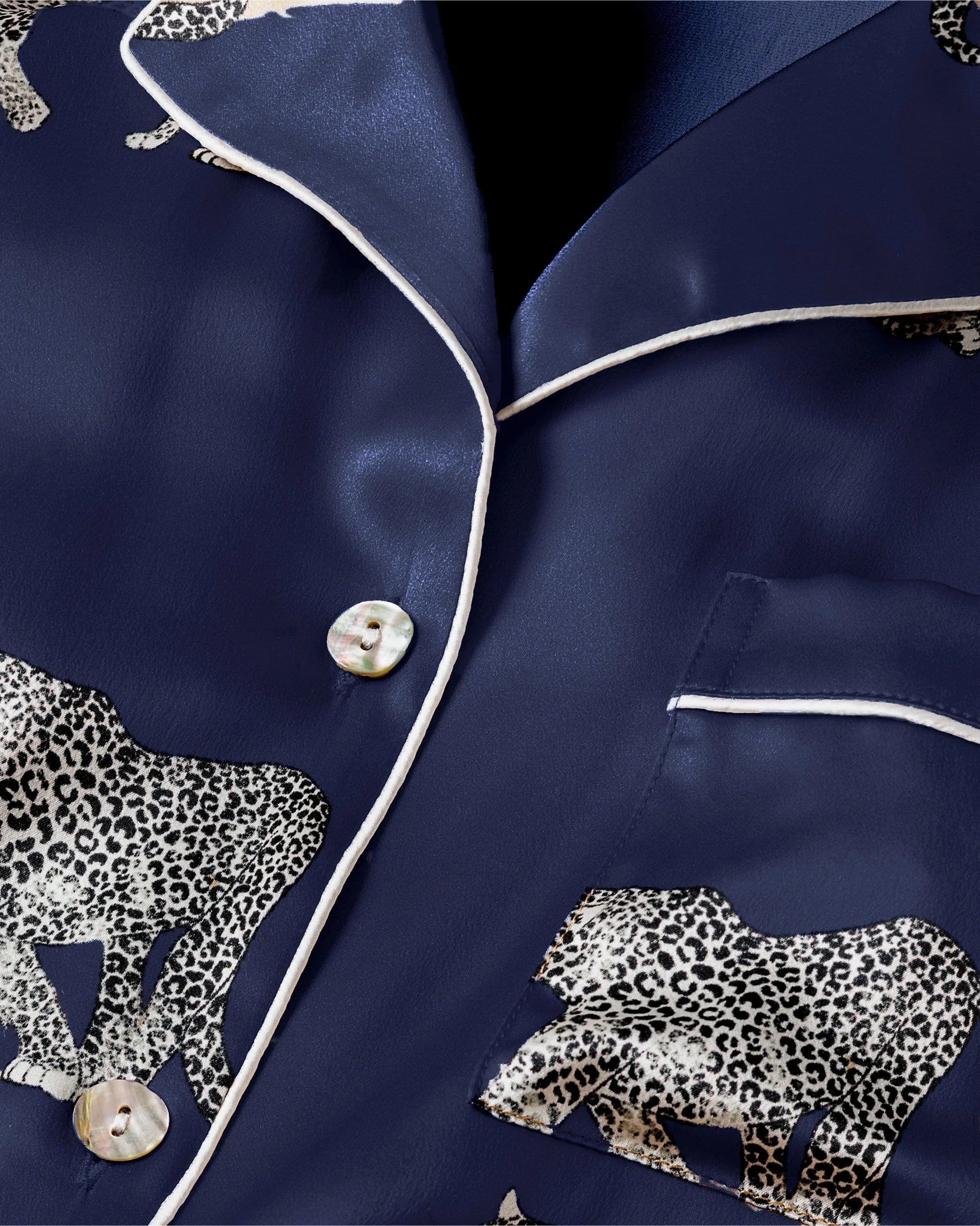 Navy silk long pajama set in Panthere de Nuit