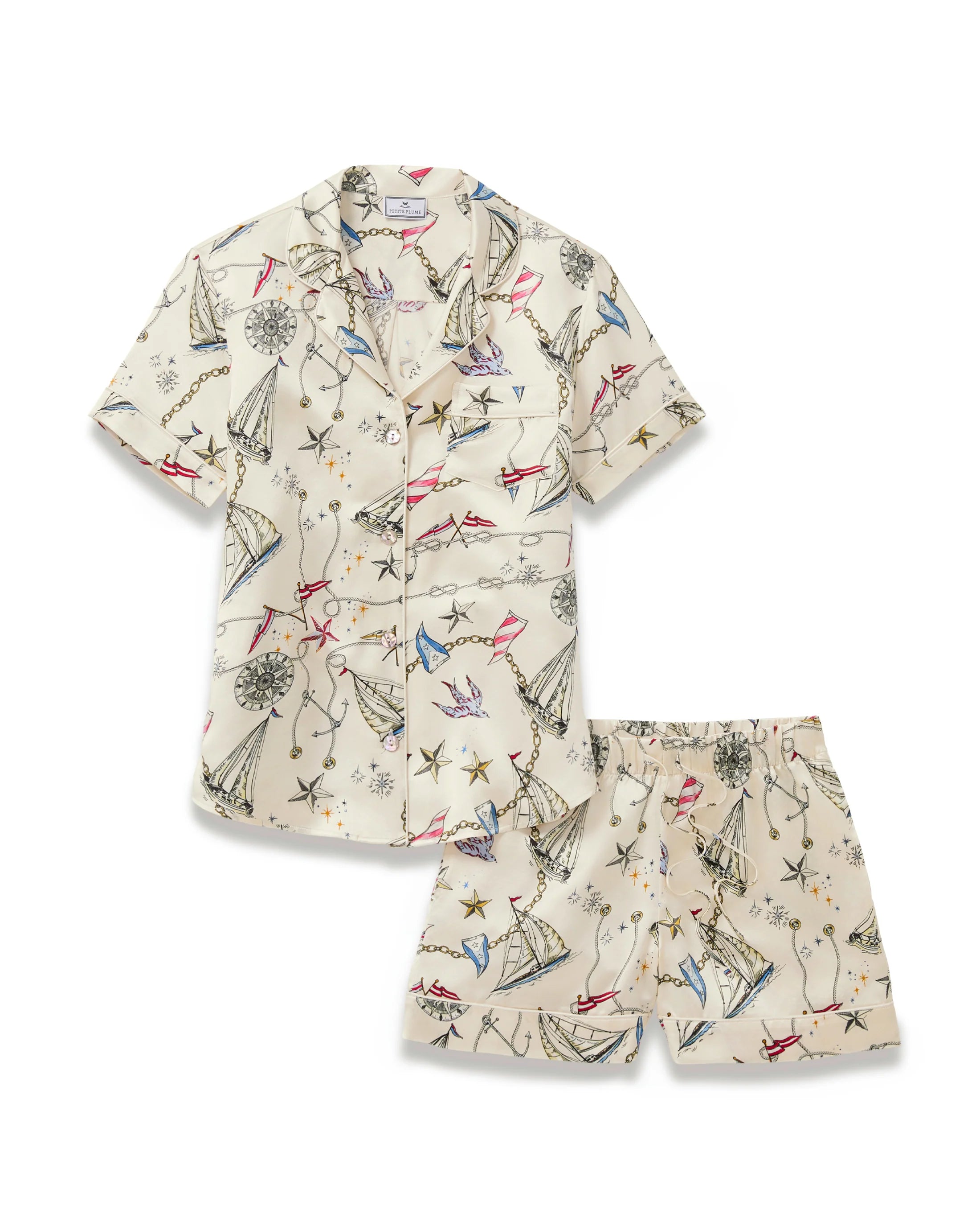 Ivory short silk pajama set in Regatta Royale