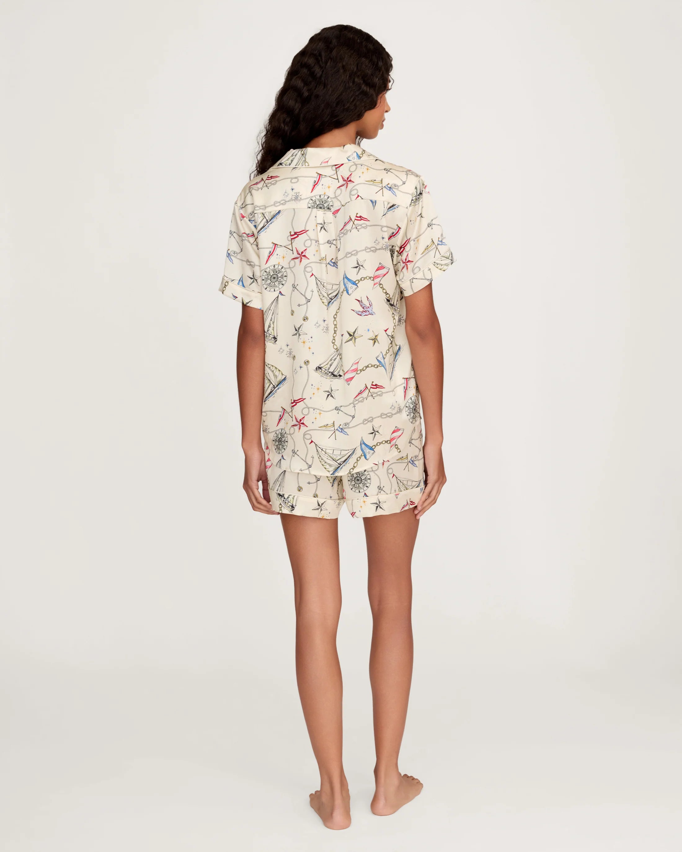 Ivory short silk pajama set in Regatta Royale