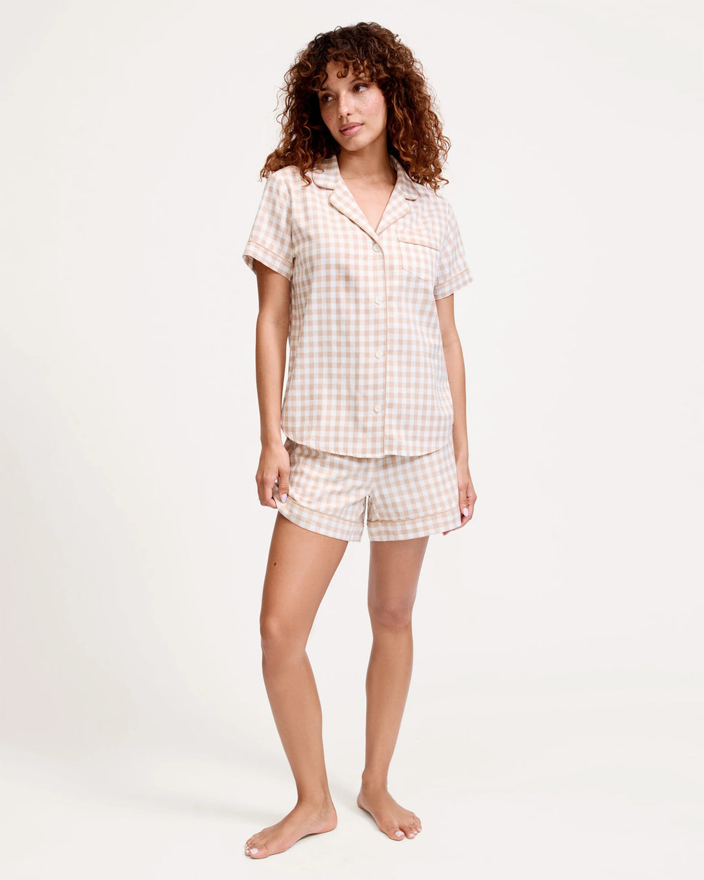 Camel Gingham Twill cotton short pajama set