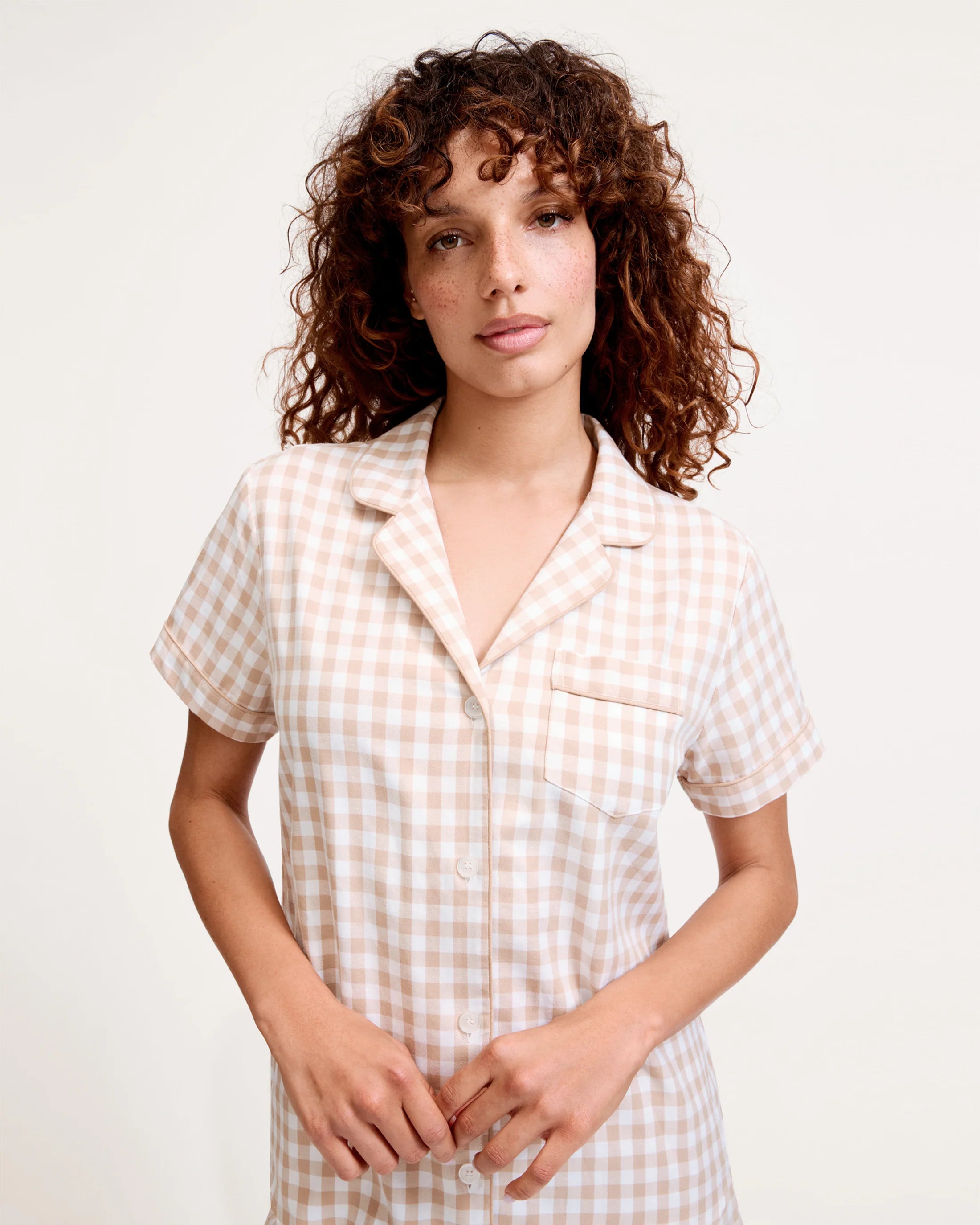 Camel Gingham Twill cotton short pajama set