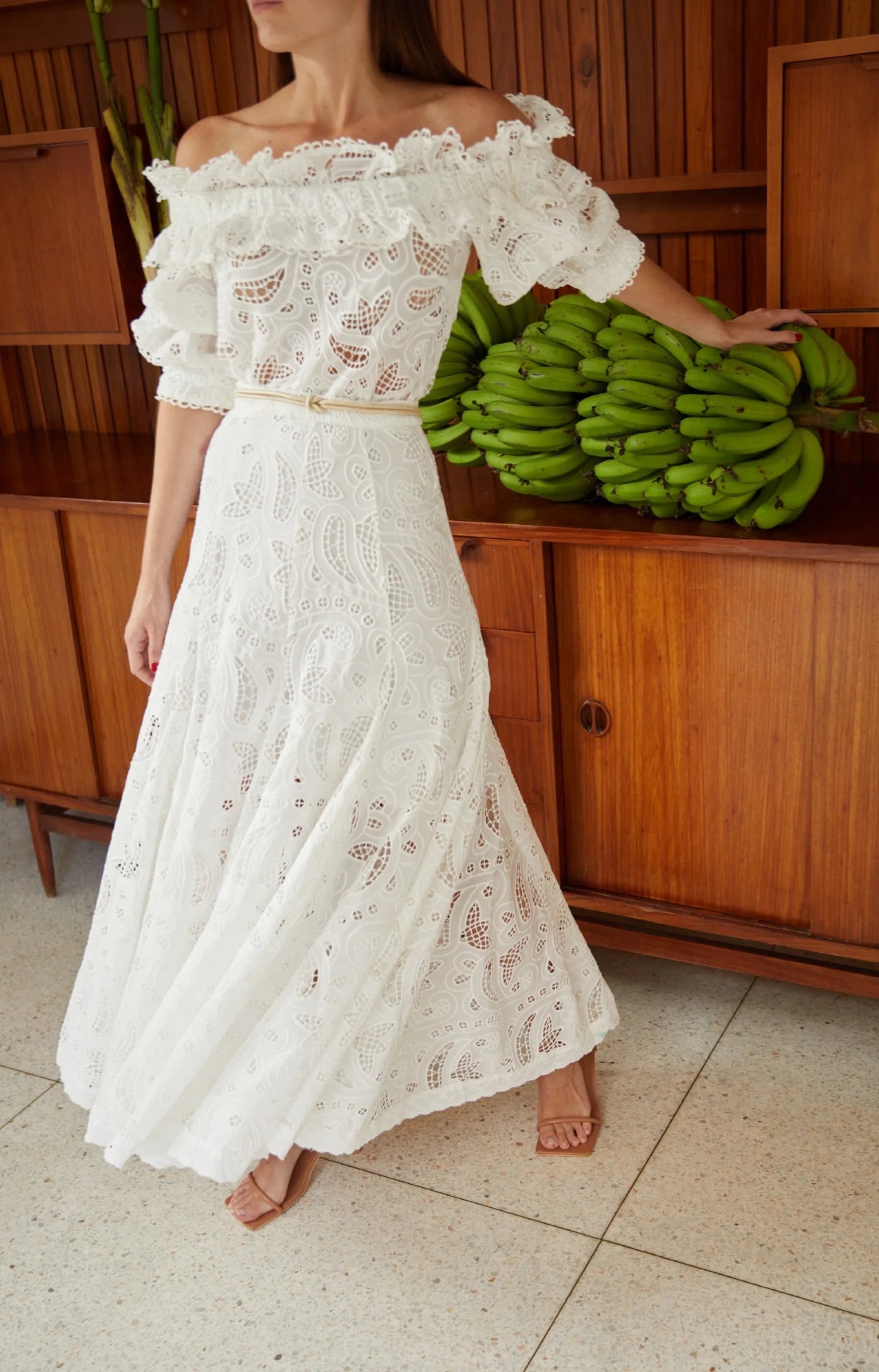 White eyelet maxi flare skirt