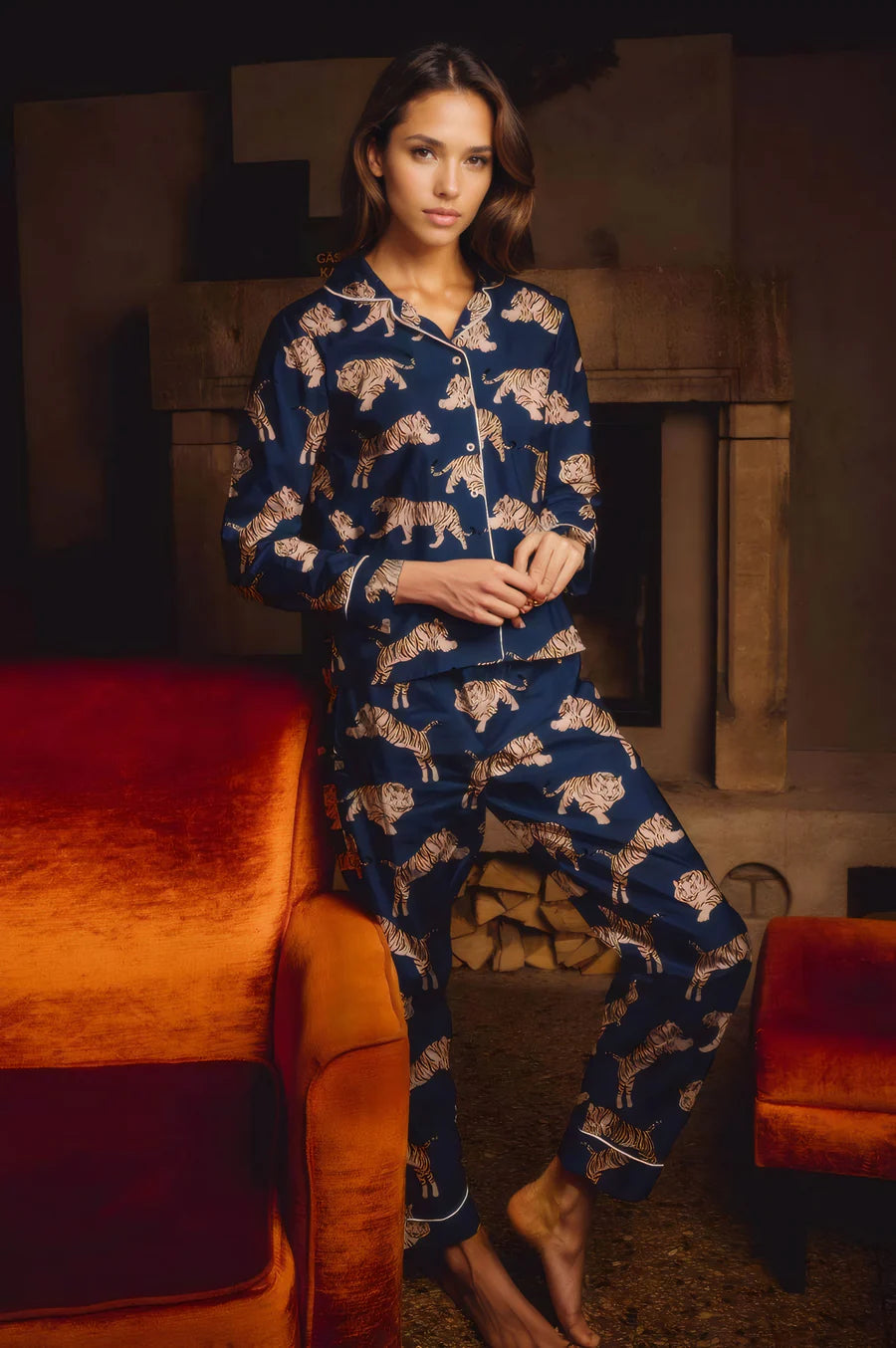 Blue Amina silk satin long pajama set