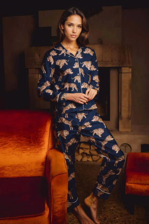Blue Amina silk satin long pajama set