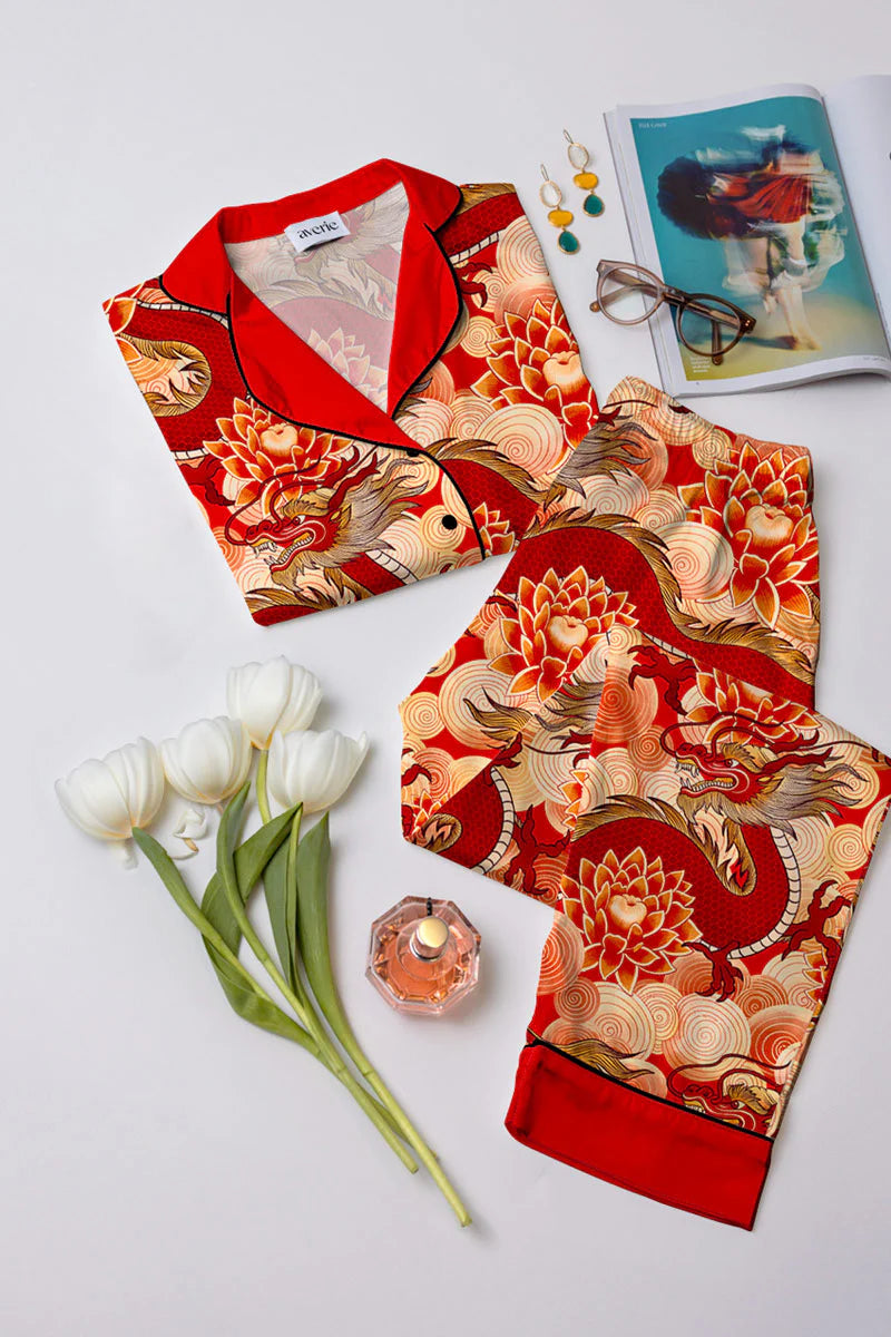Red Tao silk satin long pajama set
