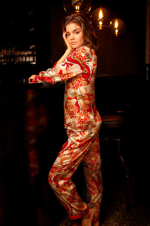 Red Tao silk satin long pajama set