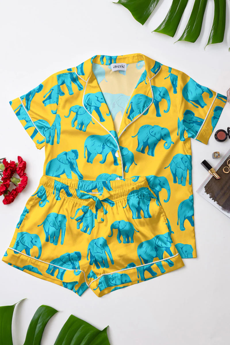 Yellow elephant print Niara short pajama set