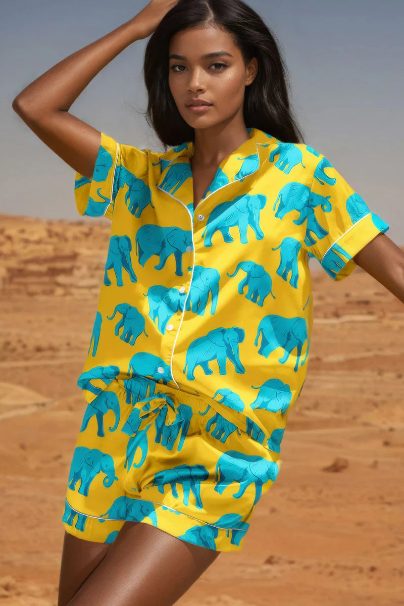 Yellow elephant print Niara short pajama set