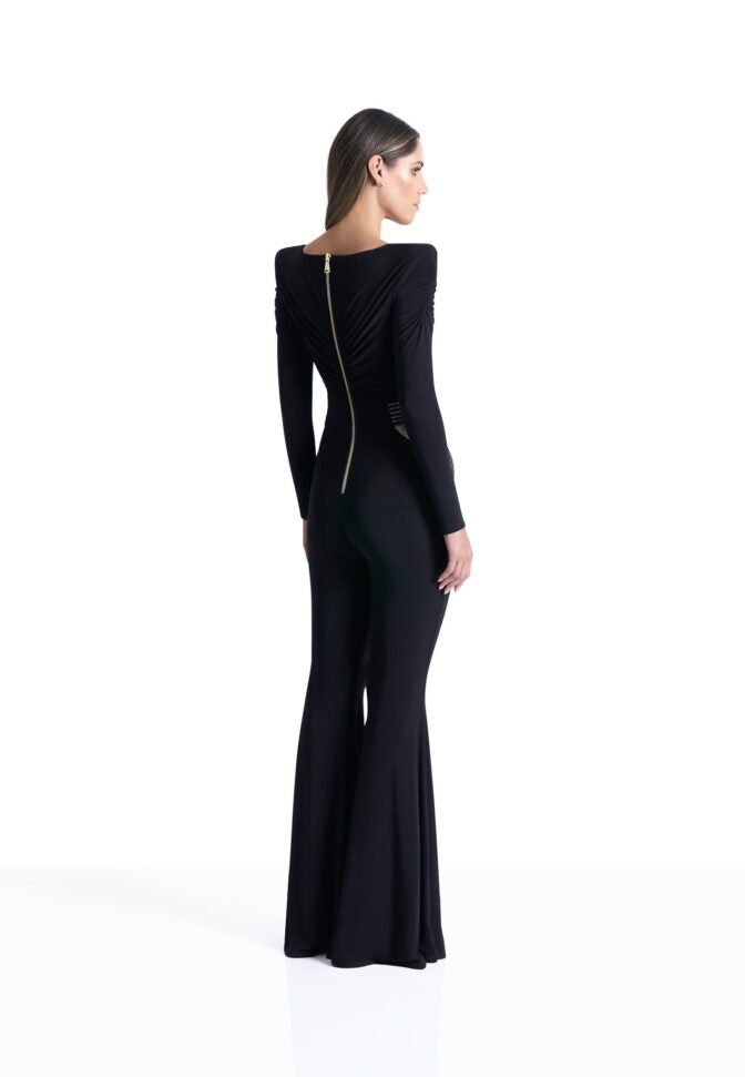 Black jersey jumpsuit with gold stitched bodice