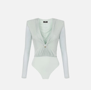 Aqua bodysuit in jersey lurex fabric with plunge neckline