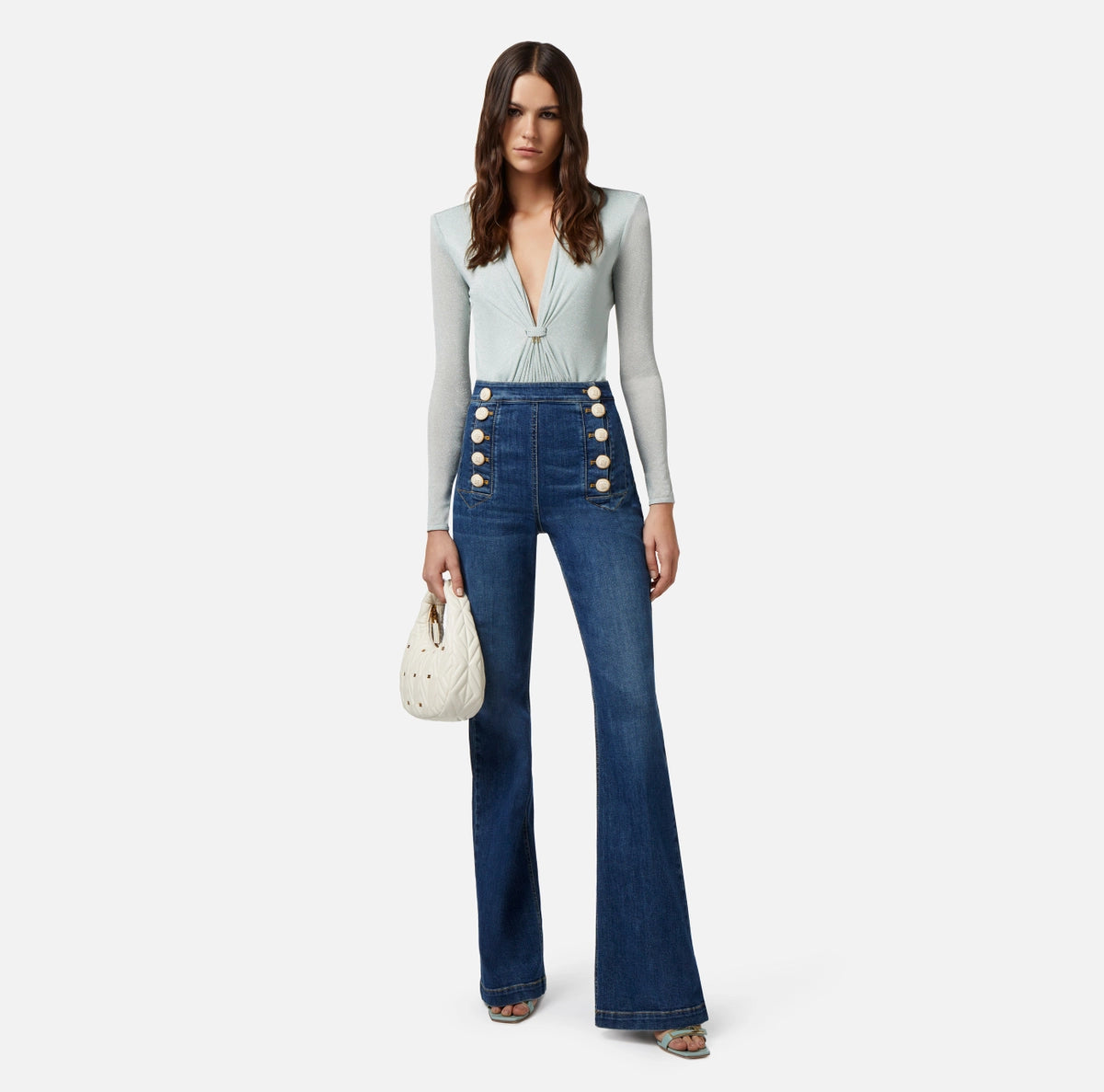 Aqua bodysuit in jersey lurex fabric with plunge neckline