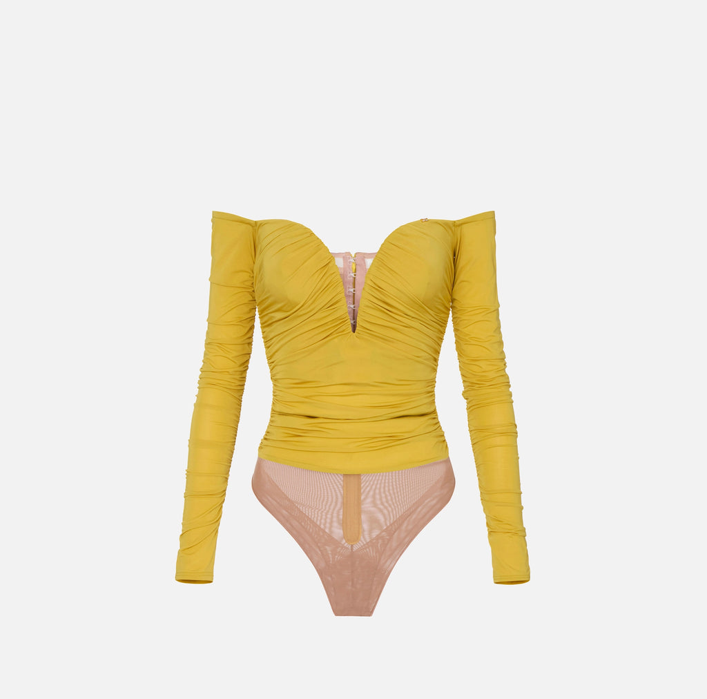 Yellow off shoulder jersey bodysuit