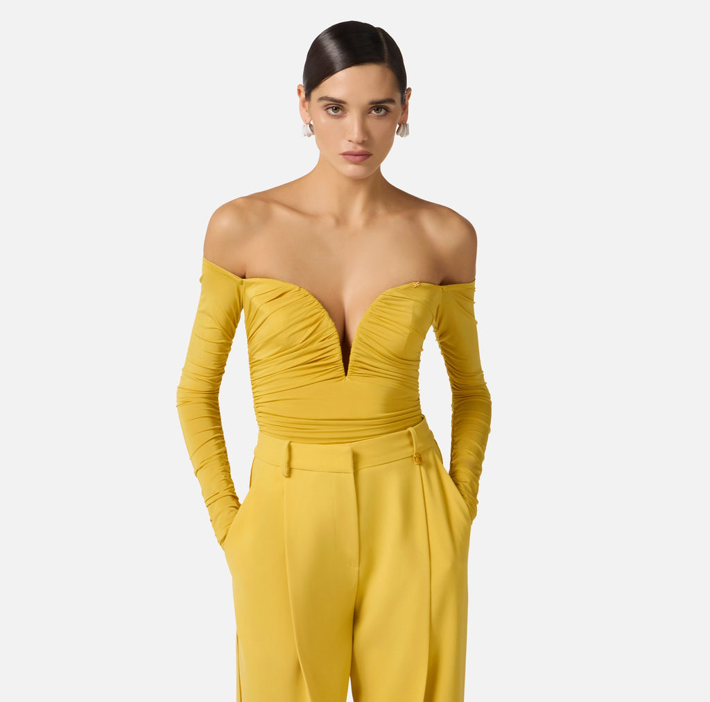 Yellow off shoulder jersey bodysuit