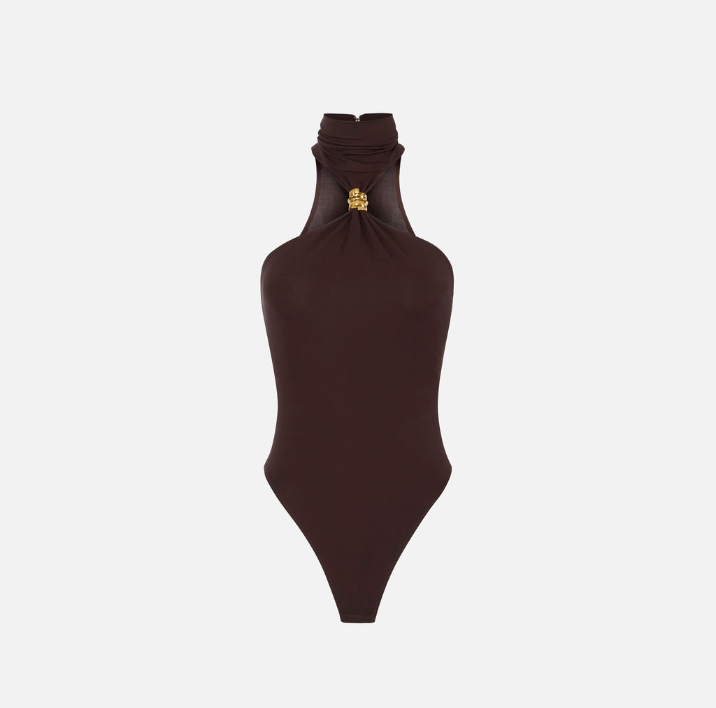 Black jersey high neck bodysuit with gold accessory