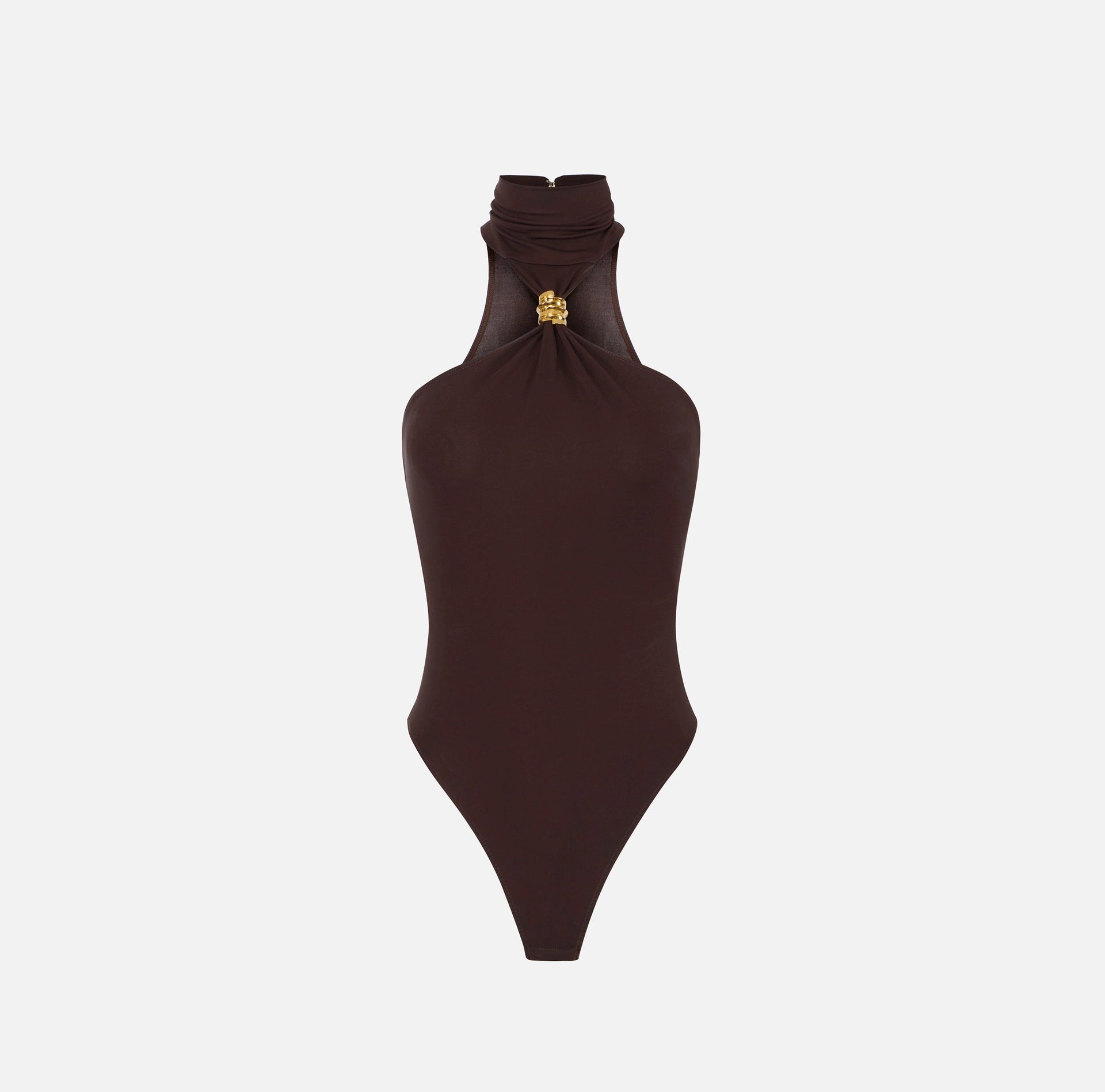 Black jersey high neck bodysuit with gold accessory