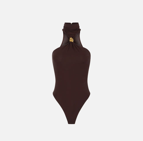 Black jersey high neck bodysuit with gold accessory