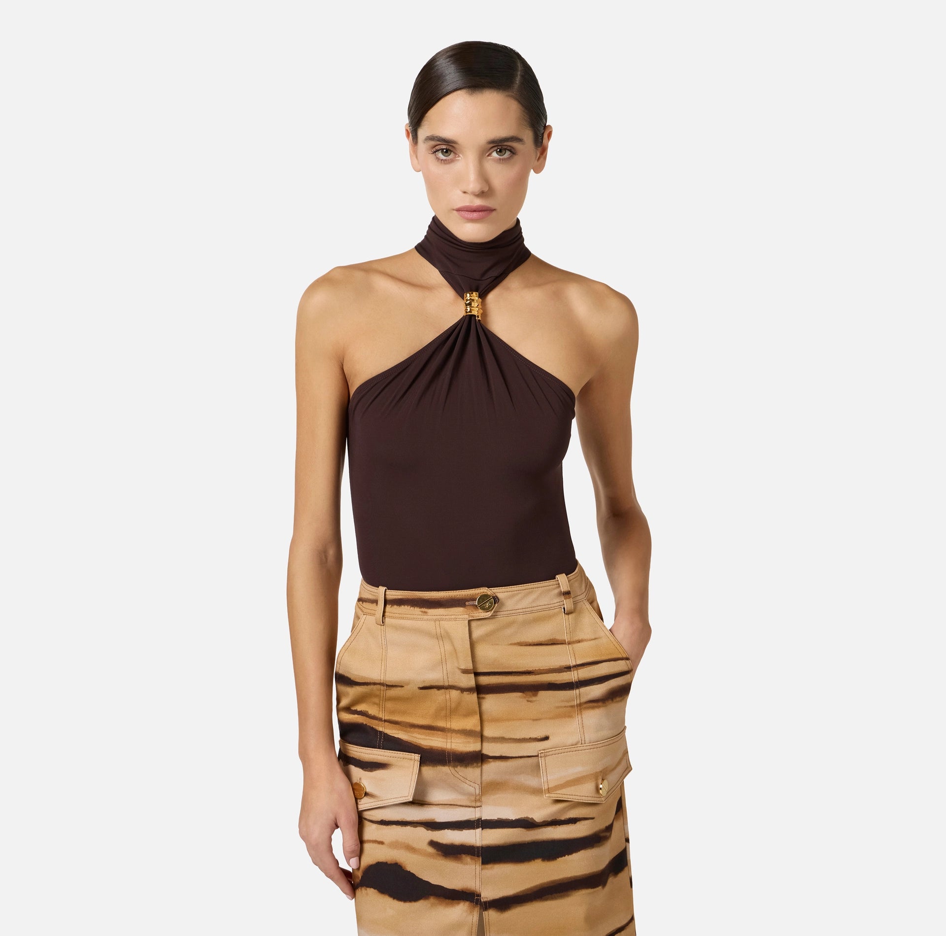 Black jersey high neck bodysuit with gold accessory