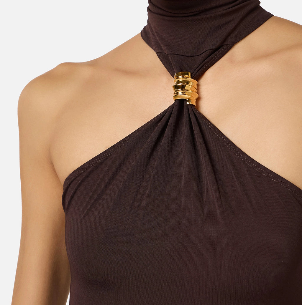 Black jersey high neck bodysuit with gold accessory