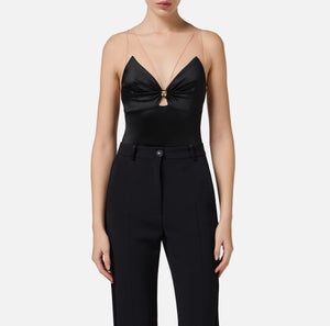 Black lycra bodysuit with tulle straps and open back