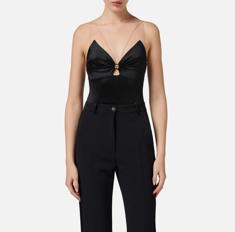 Black lycra bodysuit with tulle straps and open back