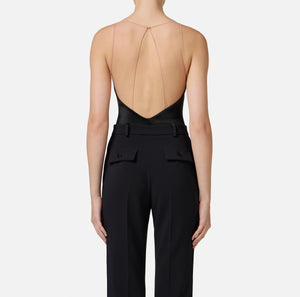 Black lycra bodysuit with tulle straps and open back