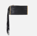 Black nappa leather fringe clutch