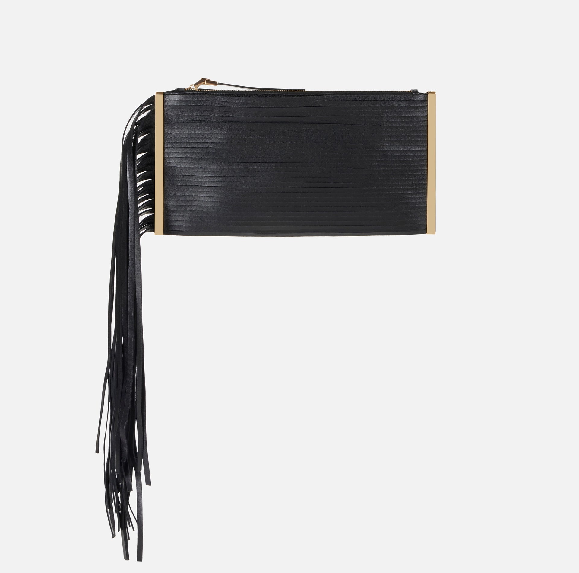 Black nappa leather fringe clutch