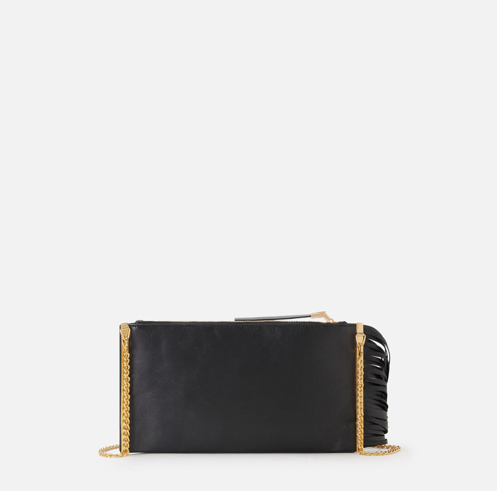 Black nappa leather fringe clutch