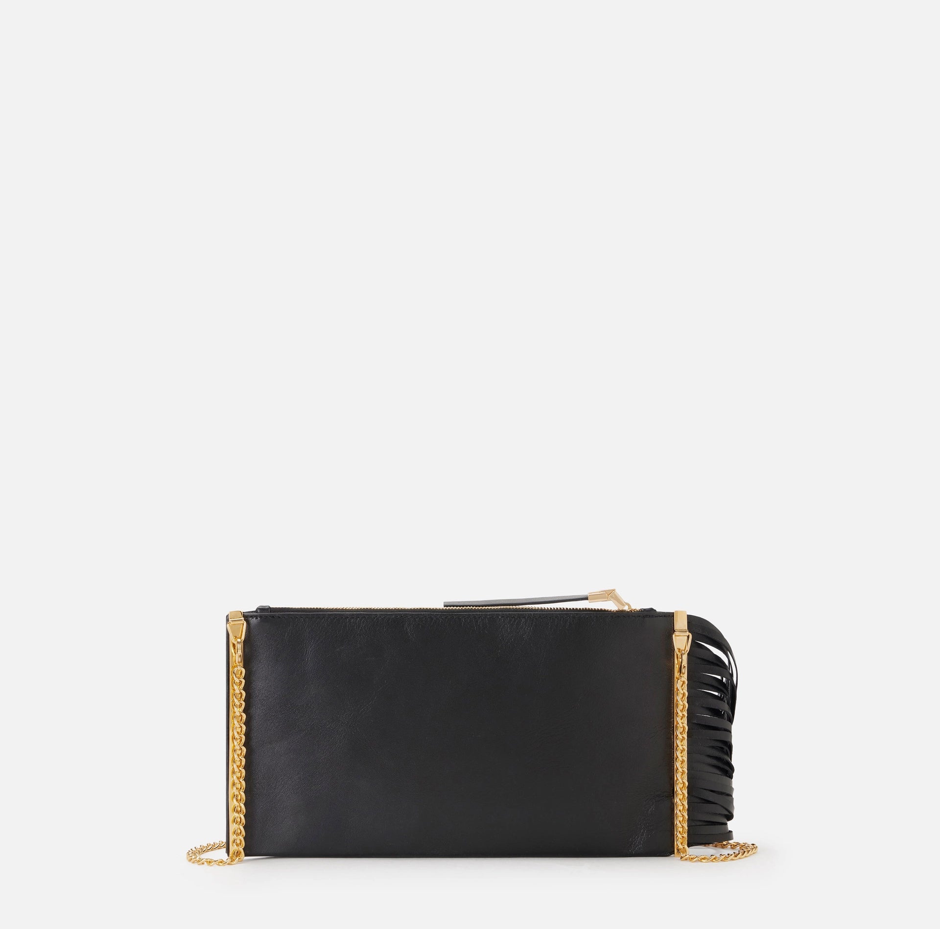 Black nappa leather fringe clutch