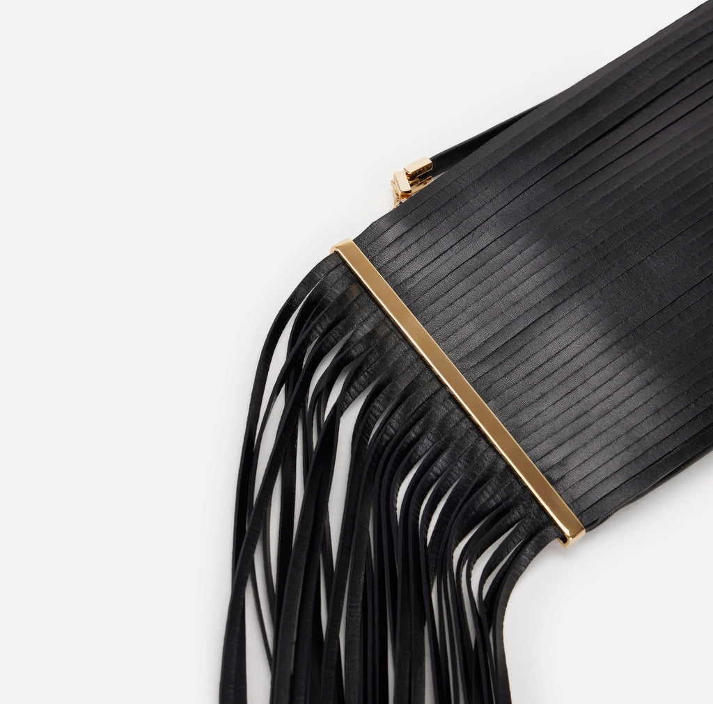 Black nappa leather fringe clutch