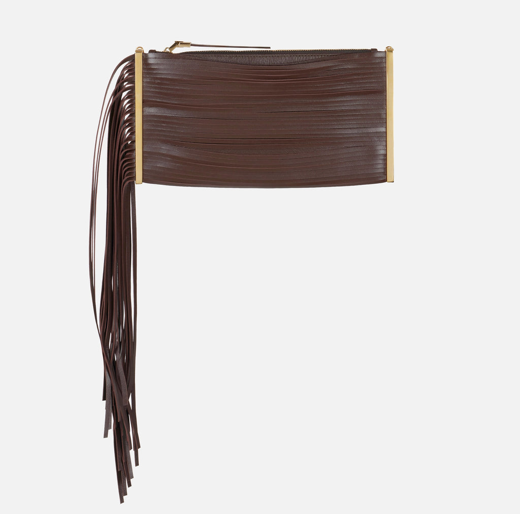 Chocolate nappa leather fringe clutch