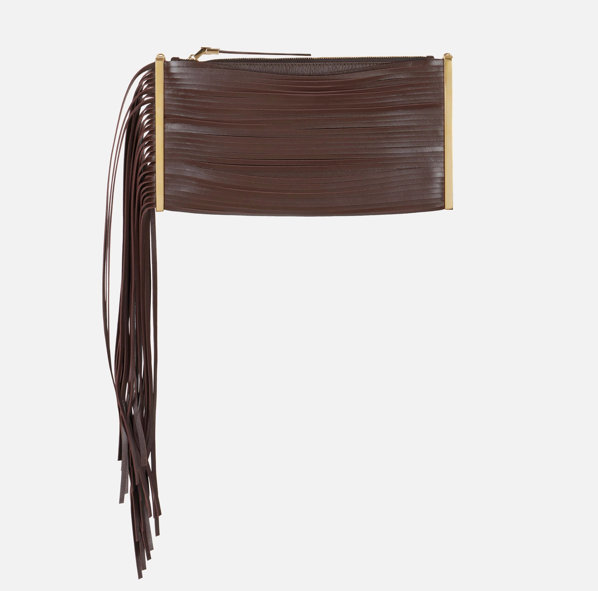 Chocolate nappa leather fringe clutch