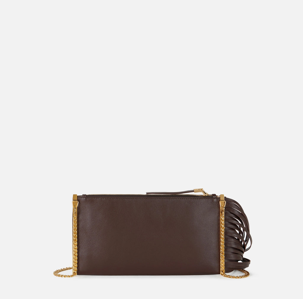 Chocolate nappa leather fringe clutch