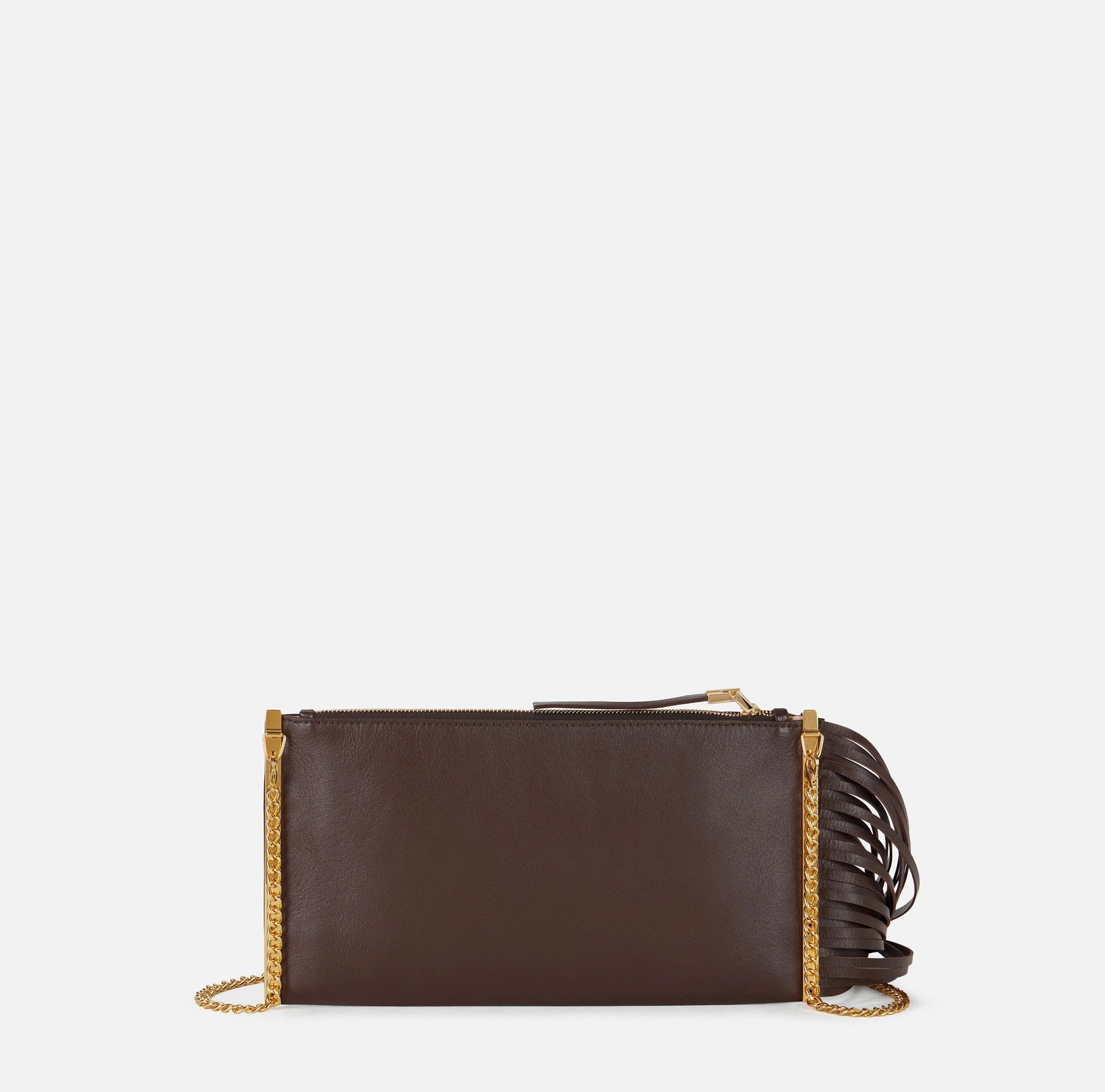 Chocolate nappa leather fringe clutch