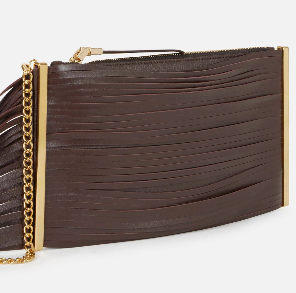 Chocolate nappa leather fringe clutch
