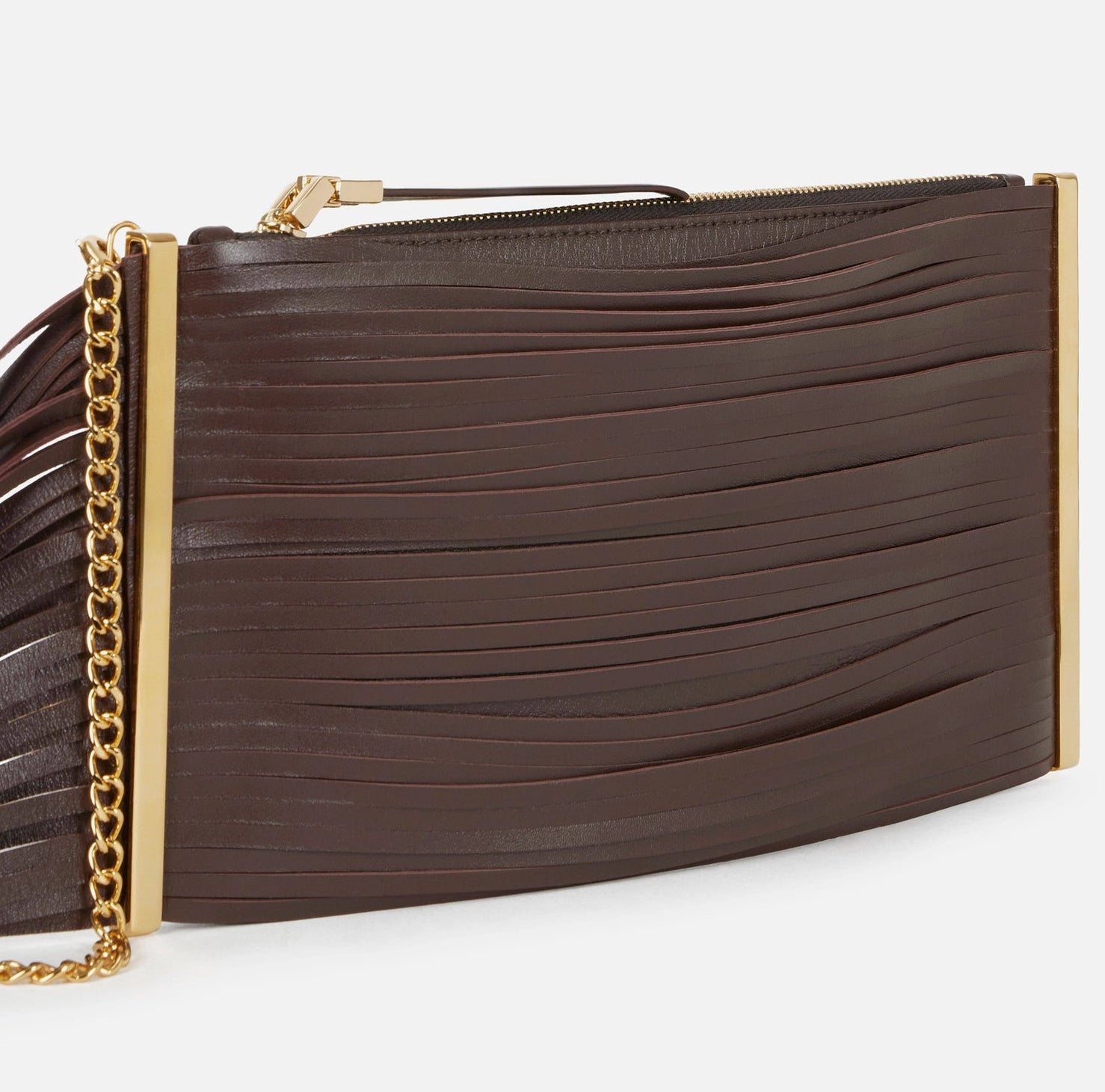 Chocolate nappa leather fringe clutch